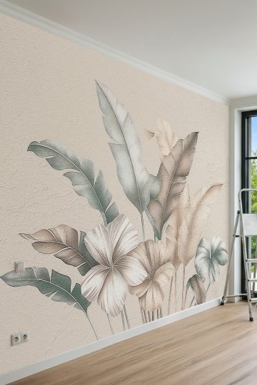 Dreamwall Büyük Tropikal Yaprak ve Egzotik Çiçek Motifli Tek Parça Tekstil Duvar Kağıdı küçük görsel 2