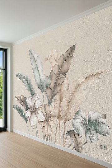 Dreamwall Büyük Tropikal Yaprak ve Egzotik Çiçek Motifli Tek Parça Tekstil Duvar Kağıdı küçük görsel 3