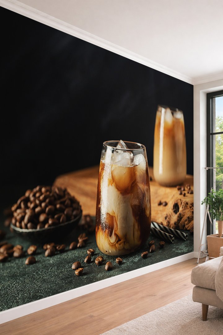 Dreamwall Buzlu Kahve ve Kahve Çekirdeği Temalı Tek Parça Tekstil Duvar Kağıdı