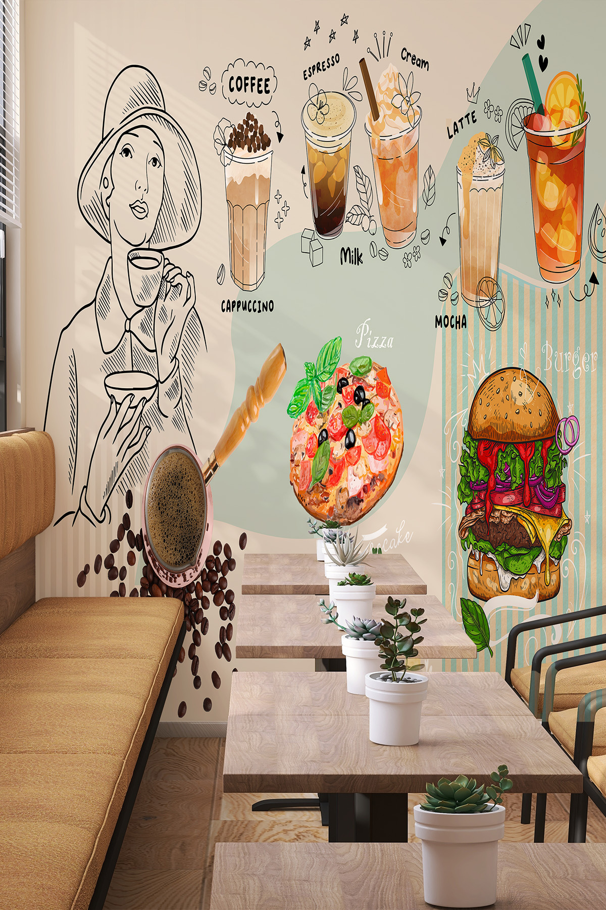 Dreamwall Cafe Menü ve Kahve İllüstrasyon Desenli Tek Parça Tekstil Duvar Kağıdı görsel 1
