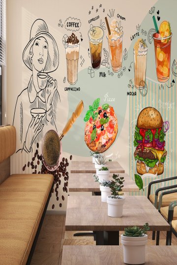 Dreamwall Cafe Menü ve Kahve İllüstrasyon Desenli Tek Parça Tekstil Duvar Kağıdı