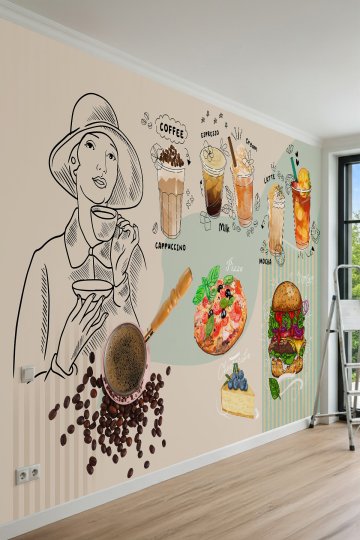 Dreamwall Cafe Menü ve Kahve İllüstrasyon Desenli Tek Parça Tekstil Duvar Kağıdı küçük görsel 2