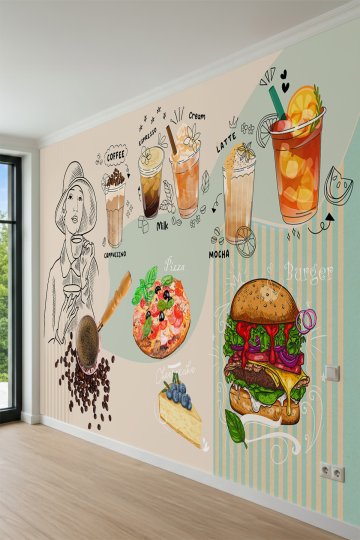 Dreamwall Cafe Menü ve Kahve İllüstrasyon Desenli Tek Parça Tekstil Duvar Kağıdı küçük görsel 5