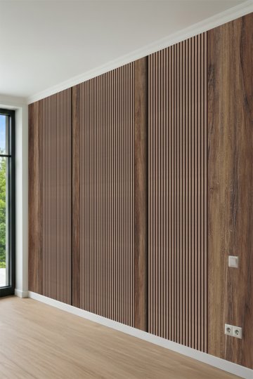 Dreamwall Ceviz Ahşap Çıta ve Dikey Lata Desenli Tek Parça Tekstil Duvar Kağıdı küçük görsel 3