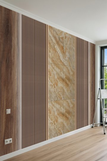 Dreamwall Ceviz Ahşap Çıtalı ve Latalı Panel Desenli Tek Parça Tekstil Duvar Kağıdı küçük görsel 2