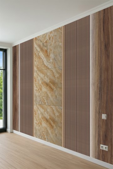 Dreamwall Ceviz Ahşap Çıtalı ve Latalı Panel Desenli Tek Parça Tekstil Duvar Kağıdı küçük görsel 3