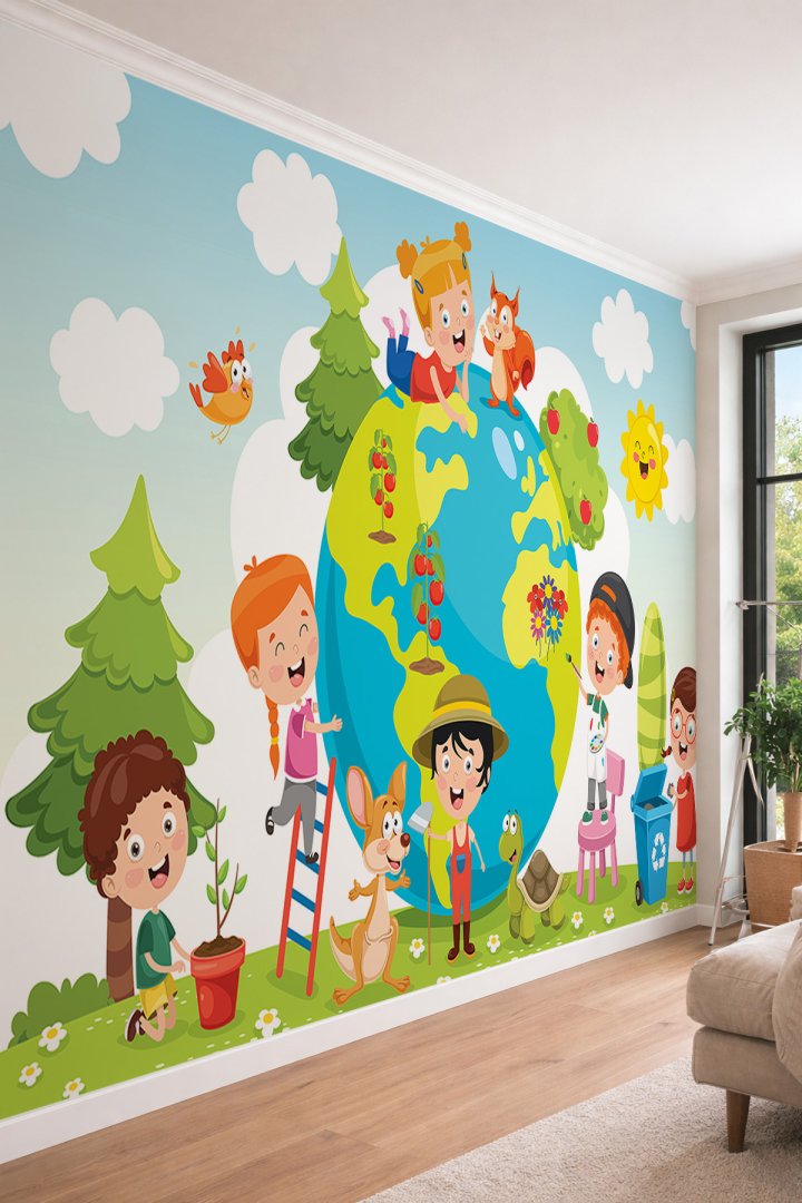 Dreamwall Çevre Bilinçli Eğitici Dünya ve Sevimli Karakterler Temalı Tek Parça Tekstil Duvar Kağıdı