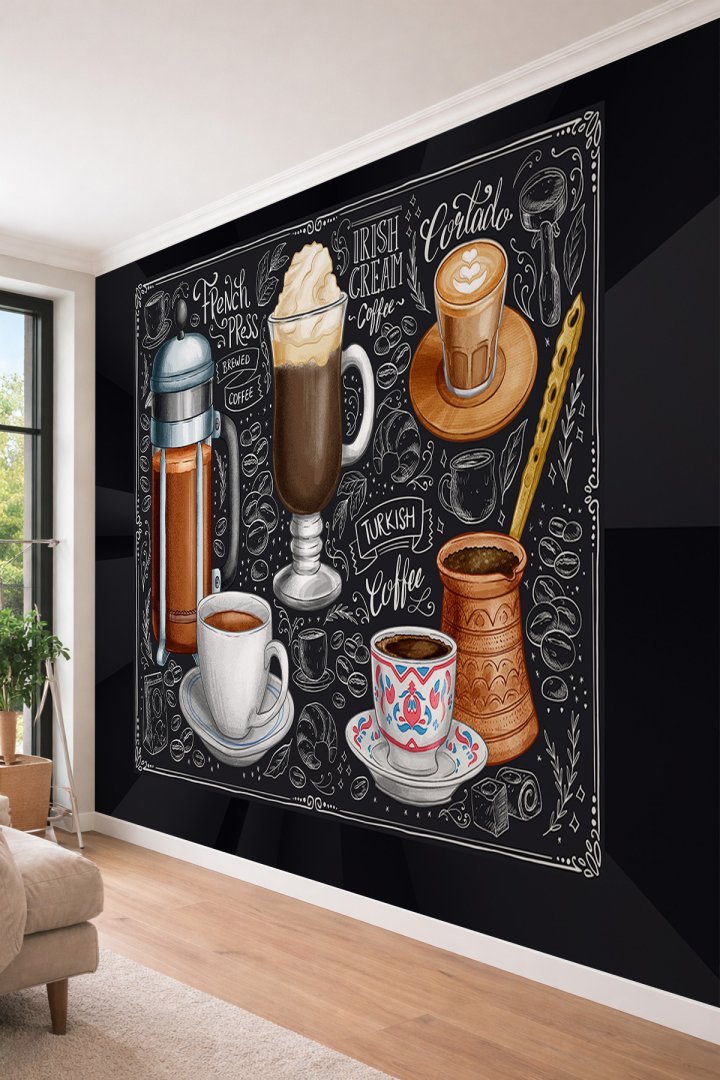 Dreamwall Chalkboard French Press ve Türk Kahvesi Desenli Tek Parça Duvar Kağıdı