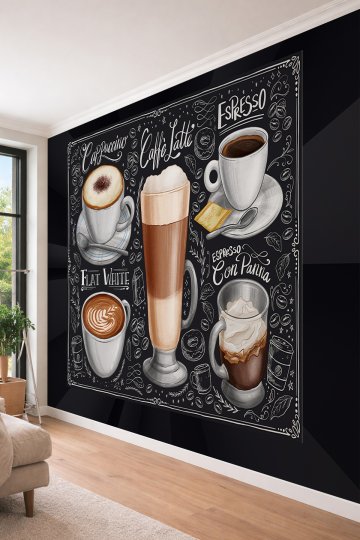 Dreamwall Chalkboard Kahve Çeşitleri Cappuccino Latte Espresso Desenli Tek Parça Duvar Kağıdı