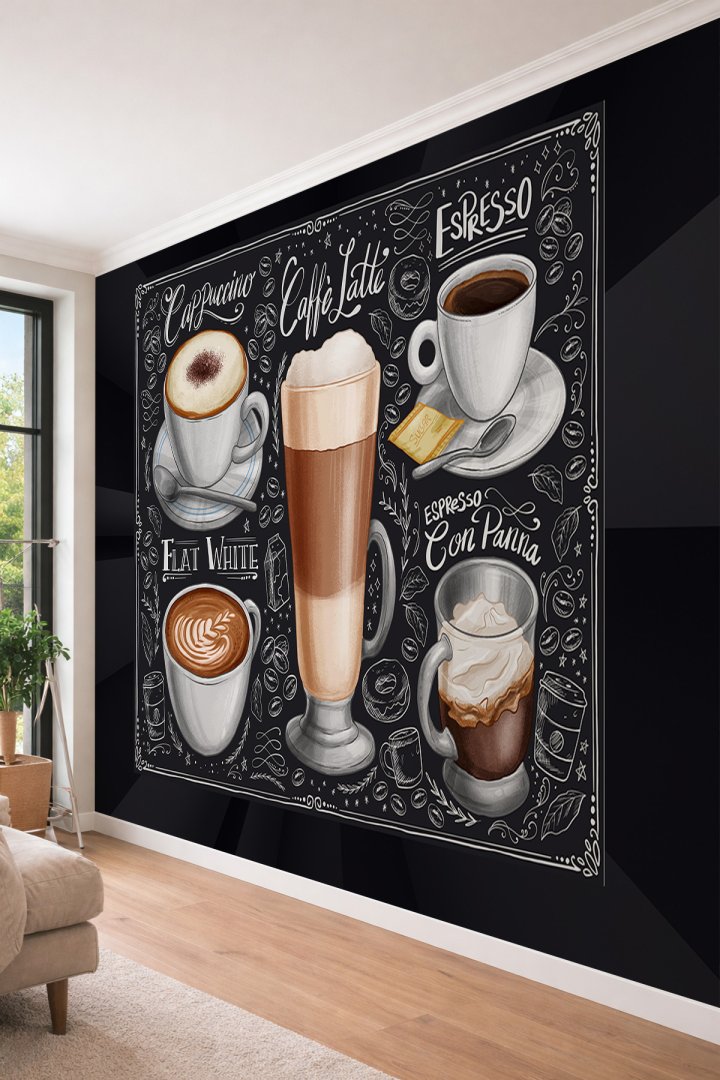Dreamwall Chalkboard Kahve Çeşitleri Cappuccino Latte Espresso Desenli Tek Parça Duvar Kağıdı