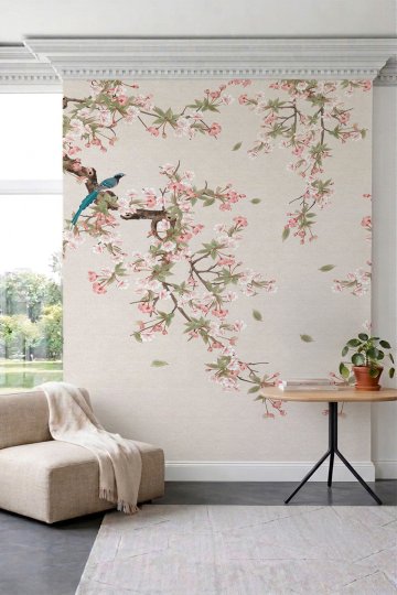 Dreamwall Çiçek Açan Dallar ve Kuş Motifli Tek Parça Tekstil Duvar Kağıdı küçük görsel 1