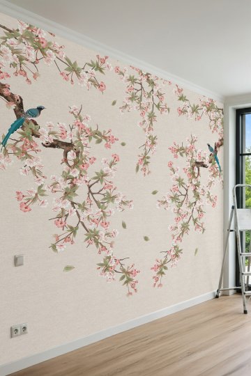 Dreamwall Çiçek Açan Dallar ve Kuş Motifli Tek Parça Tekstil Duvar Kağıdı küçük görsel 2