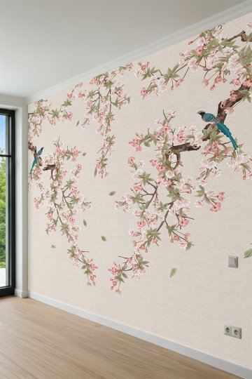 Dreamwall Çiçek Açan Dallar ve Kuş Motifli Tek Parça Tekstil Duvar Kağıdı küçük görsel 3