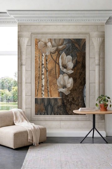 Dreamwall Çiçek ve Huş Ağacı Kolaj Desenli Sütun Görünümlü Tek Parça Tekstil Duvar Kağıdı küçük görsel 2