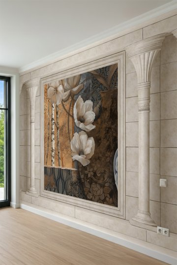 Dreamwall Çiçek ve Huş Ağacı Kolaj Desenli Sütun Görünümlü Tek Parça Tekstil Duvar Kağıdı küçük görsel 1