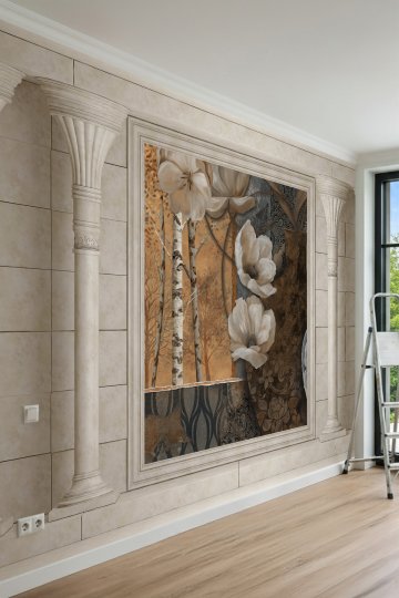 Dreamwall Çiçek ve Huş Ağacı Kolaj Desenli Sütun Görünümlü Tek Parça Tekstil Duvar Kağıdı küçük görsel 3