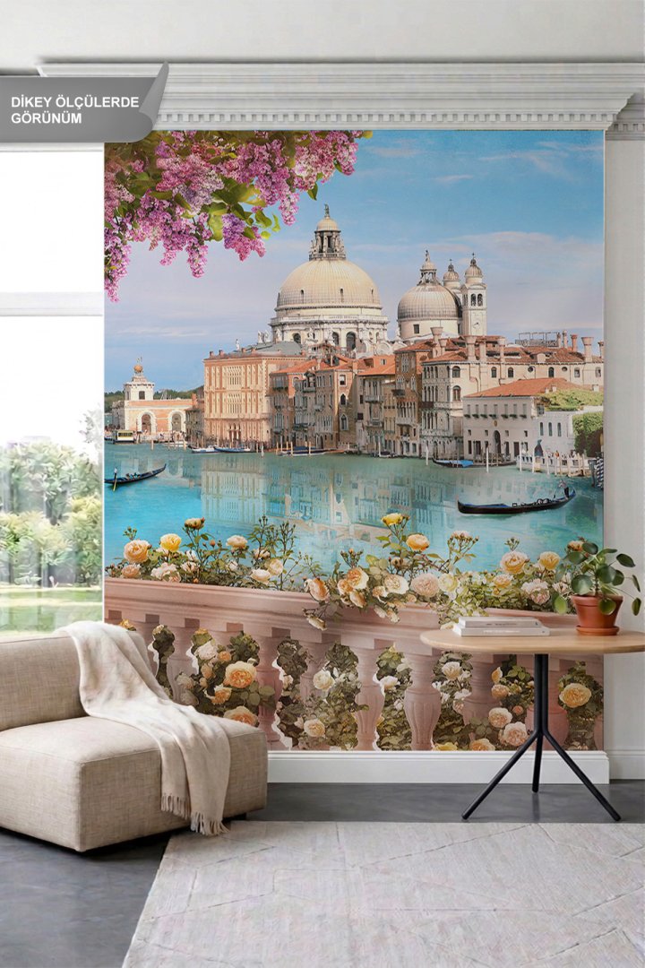 Dreamwall Çiçekli Mermer Balkon ve Venedik Kanalları Manzaralı Tek Parça Tekstil Duvar Kağıdı