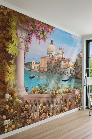 Dreamwall Çiçekli Mermer Balkon ve Venedik Kanalları Manzaralı Tek Parça Tekstil Duvar Kağıdı küçük görsel 2