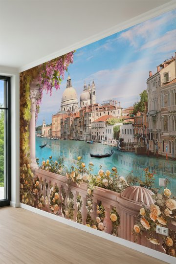 Dreamwall Çiçekli Mermer Balkon ve Venedik Kanalları Manzaralı Tek Parça Tekstil Duvar Kağıdı küçük görsel 3