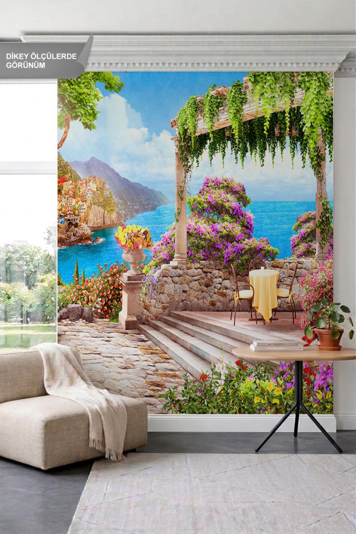Dreamwall Çiçekli Pergola, Masa Sandalye Seti, Sahil Köyü ve Deniz Manzaralı Tek Parça Tekstil Duvar...
