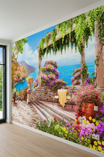Dreamwall Çiçekli Pergola, Masa Sandalye Seti, Sahil Köyü ve Deniz Manzaralı Tek Parça Tekstil Duvar Kağıdı küçük görsel 3