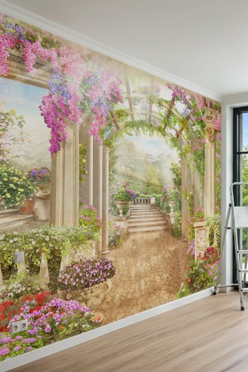 Dreamwall Çiçekli Pergolalar, Antik Sütunlar, Taş Merdivenler ve Bahçe Manzaralı Tek Parça Tekstil Duvar Kağıdı küçük görsel 2