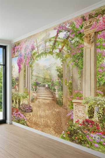 Dreamwall Çiçekli Pergolalar, Antik Sütunlar, Taş Merdivenler ve Bahçe Manzaralı Tek Parça Tekstil Duvar Kağıdı küçük görsel 3