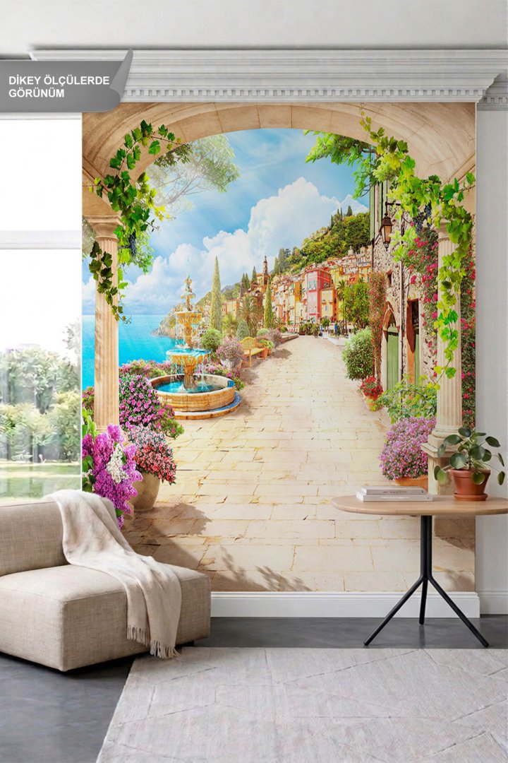 Dreamwall Çiçekli Teras, Fıskiyeli Havuz ve Deniz Manzaralı Tek Parça Tekstil Duvar Kağıdı