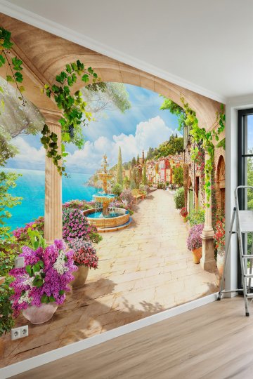 Dreamwall Çiçekli Teras, Fıskiyeli Havuz ve Deniz Manzaralı Tek Parça Tekstil Duvar Kağıdı küçük görsel 2