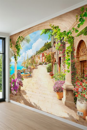 Dreamwall Çiçekli Teras, Fıskiyeli Havuz ve Deniz Manzaralı Tek Parça Tekstil Duvar Kağıdı küçük görsel 3