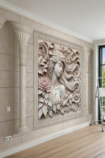 Dreamwall Çiçekli ve Dalgalı Saçlı Kadın Figürü Rölyef Sütunlu Tek Parça Tekstil Duvar Kağıdı küçük görsel 2