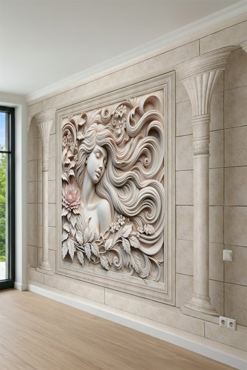 Dreamwall Çiçekli ve Dalgalı Saçlı Kadın Figürü Rölyef Sütunlu Tek Parça Tekstil Duvar Kağıdı küçük görsel 4