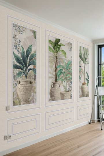 Dreamwall Çıta Desenli Pano İçinde Antik Saksılı Tropikal Bitki Motifli Tek Parça Tekstil Duvar Kağıdı küçük görsel 2