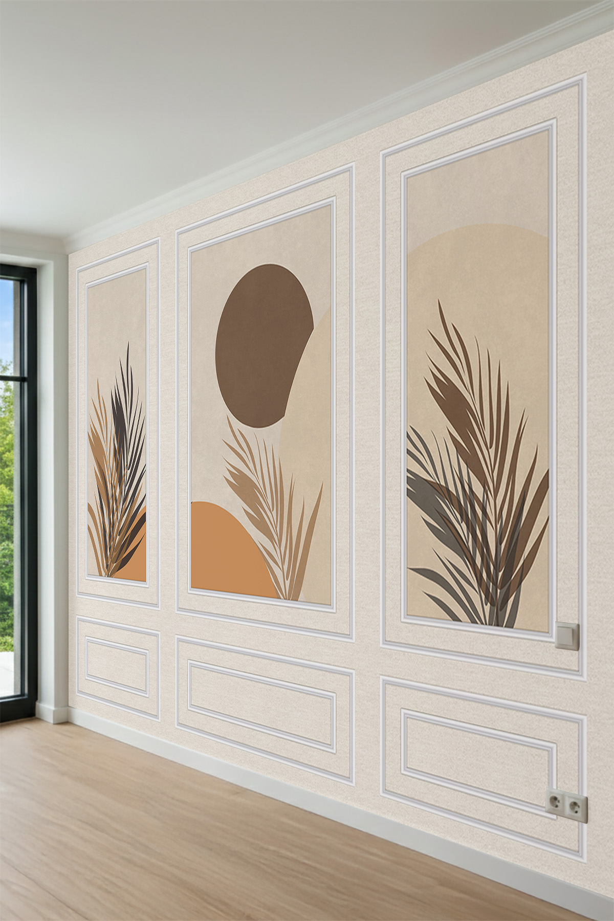 Dreamwall Çıta Panel Toprak Tonlarında Soyut Yaprak ve Daire Motifli Tek Parça Tekstil Duvar Kağıdı görsel 1