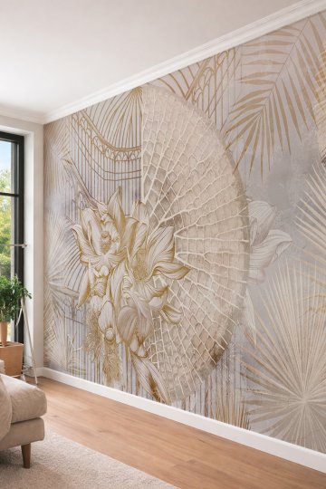 Dreamwall Çizgili Lotus ve Palmiye Yaprağı Desenli Klasik Modern Tek Parça Tekstil Duvar Kağıdı