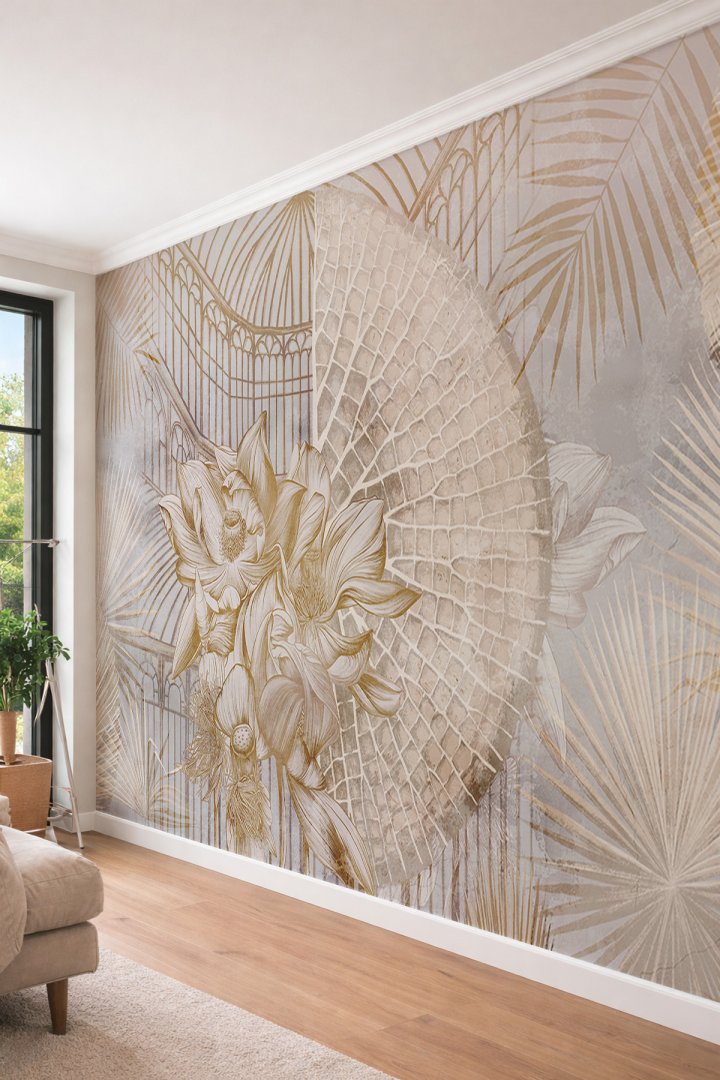Dreamwall Çizgili Lotus ve Palmiye Yaprağı Desenli Klasik Modern Tek Parça Tekstil Duvar Kağıdı