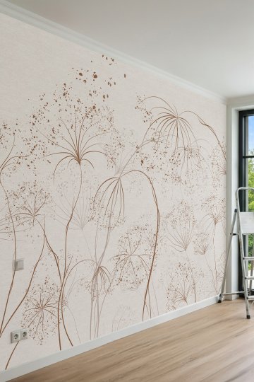 Dreamwall Çizgisel Kurutulmuş Bitki ve Boya Sıçramalı Desenli Tek Parça Tekstil Duvar Kağıdı küçük görsel 1