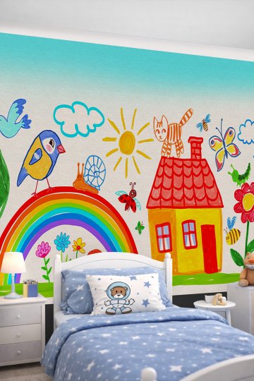 Dreamwall Çocuk Çizimi Tarzında Ev, Gökkuşağı, Güneş, Kedi ve Doğa Motifli Tek Parça Tekstil Duvar K...
