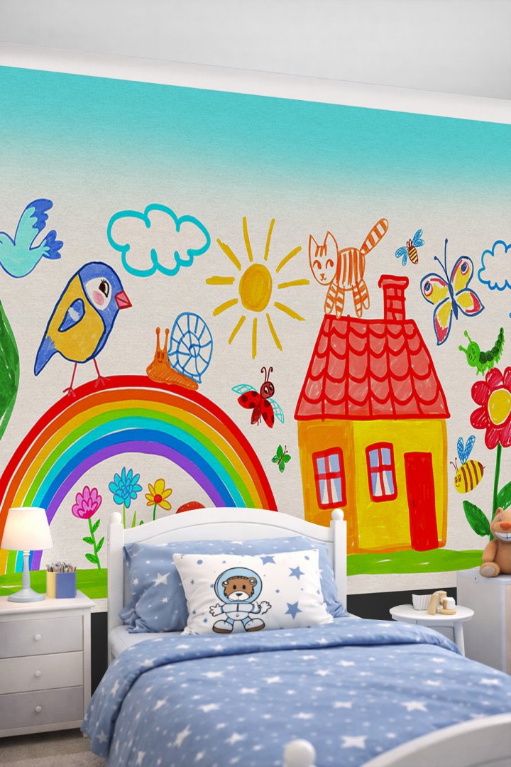 Dreamwall Çocuk Çizimi Tarzında Ev, Gökkuşağı, Güneş, Kedi ve Doğa Motifli Tek Parça Tekstil Duvar K...