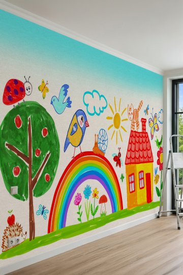 Dreamwall Çocuk Çizimi Tarzında Ev, Gökkuşağı, Güneş, Kedi ve Doğa Motifli Tek Parça Tekstil Duvar Kağıdı küçük görsel 2