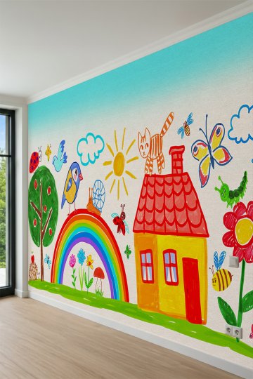 Dreamwall Çocuk Çizimi Tarzında Ev, Gökkuşağı, Güneş, Kedi ve Doğa Motifli Tek Parça Tekstil Duvar Kağıdı küçük görsel 3