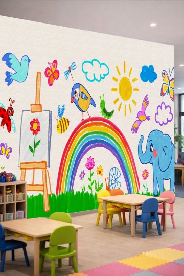 Dreamwall Çocuk Çizimi Tarzında Resim Sehpası, Gökkuşağı, Fil ve Doğa Motifli Tek Parça Tekstil Duva...