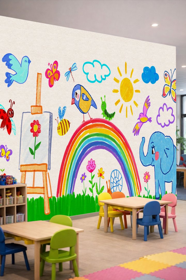 Dreamwall Çocuk Çizimi Tarzında Resim Sehpası, Gökkuşağı, Fil ve Doğa Motifli Tek Parça Tekstil Duva...