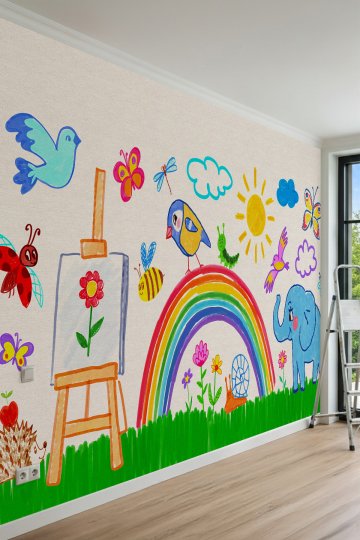 Dreamwall Çocuk Çizimi Tarzında Resim Sehpası, Gökkuşağı, Fil ve Doğa Motifli Tek Parça Tekstil Duvar Kağıdı küçük görsel 2