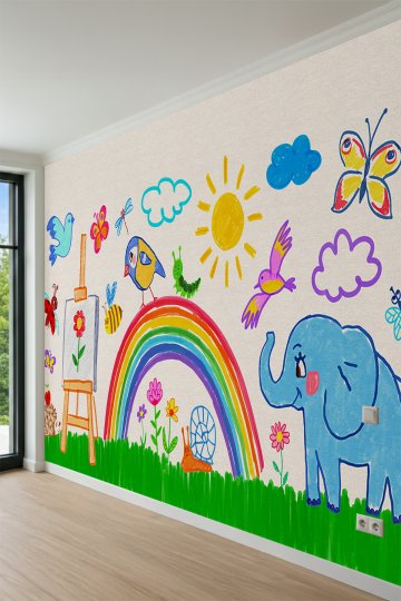 Dreamwall Çocuk Çizimi Tarzında Resim Sehpası, Gökkuşağı, Fil ve Doğa Motifli Tek Parça Tekstil Duvar Kağıdı küçük görsel 3