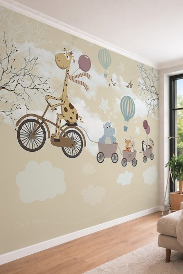 Dreamwall Çocuk Odası Bisikletli Zürafa ve Sevimli Hayvanlar Pastel Tek Parça Tekstil Duvar Kağıdı