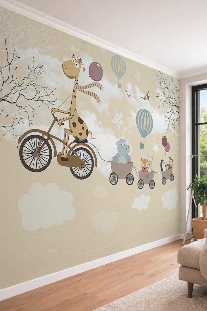 Dreamwall Çocuk Odası Bisikletli Zürafa ve Sevimli Hayvanlar Pastel Tek Parça Tekstil Duvar Kağıdı