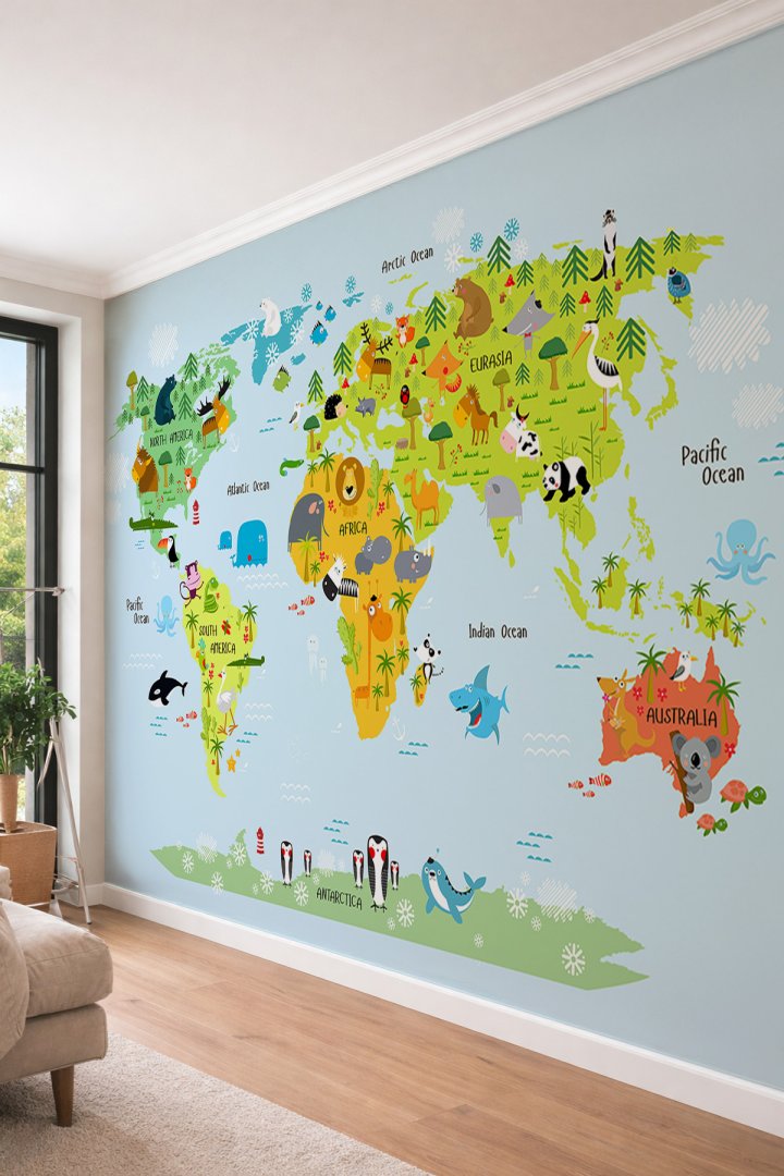 Dreamwall Çocuk Odası Eğitici Dünya Haritası ve Sevimli Hayvanlar Temalı Pastel Tekstil Duvar Kağıdı