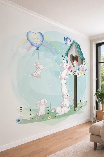 Dreamwall Çocuk Odası İçin Sevimli Tavşanlar ve Gökkuşağı-Pastel Illüstrasyon Tekstil Duvar Kağıdı