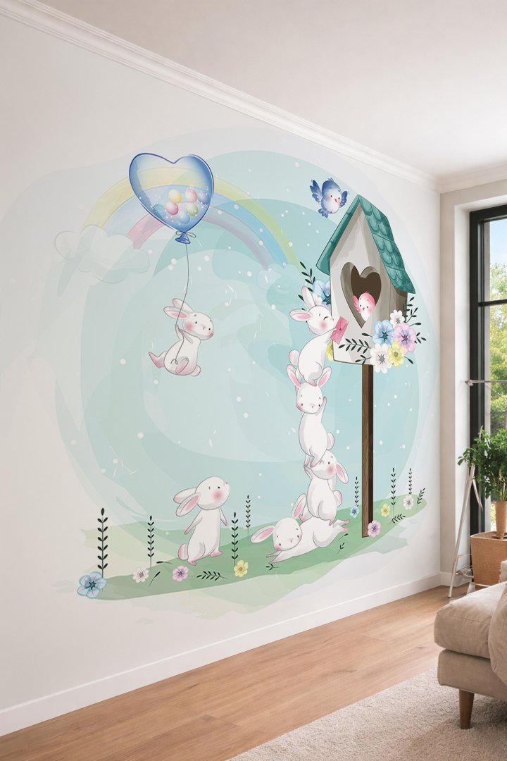 Dreamwall Çocuk Odası İçin Sevimli Tavşanlar ve Gökkuşağı-Pastel Illüstrasyon Tekstil Duvar Kağıdı